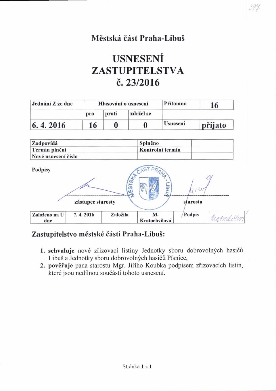 2016 T,alolila M. Kratochvilovri /noapis Zastupitelstvo m6stsk6 iristi Praha-Libu5: 1.