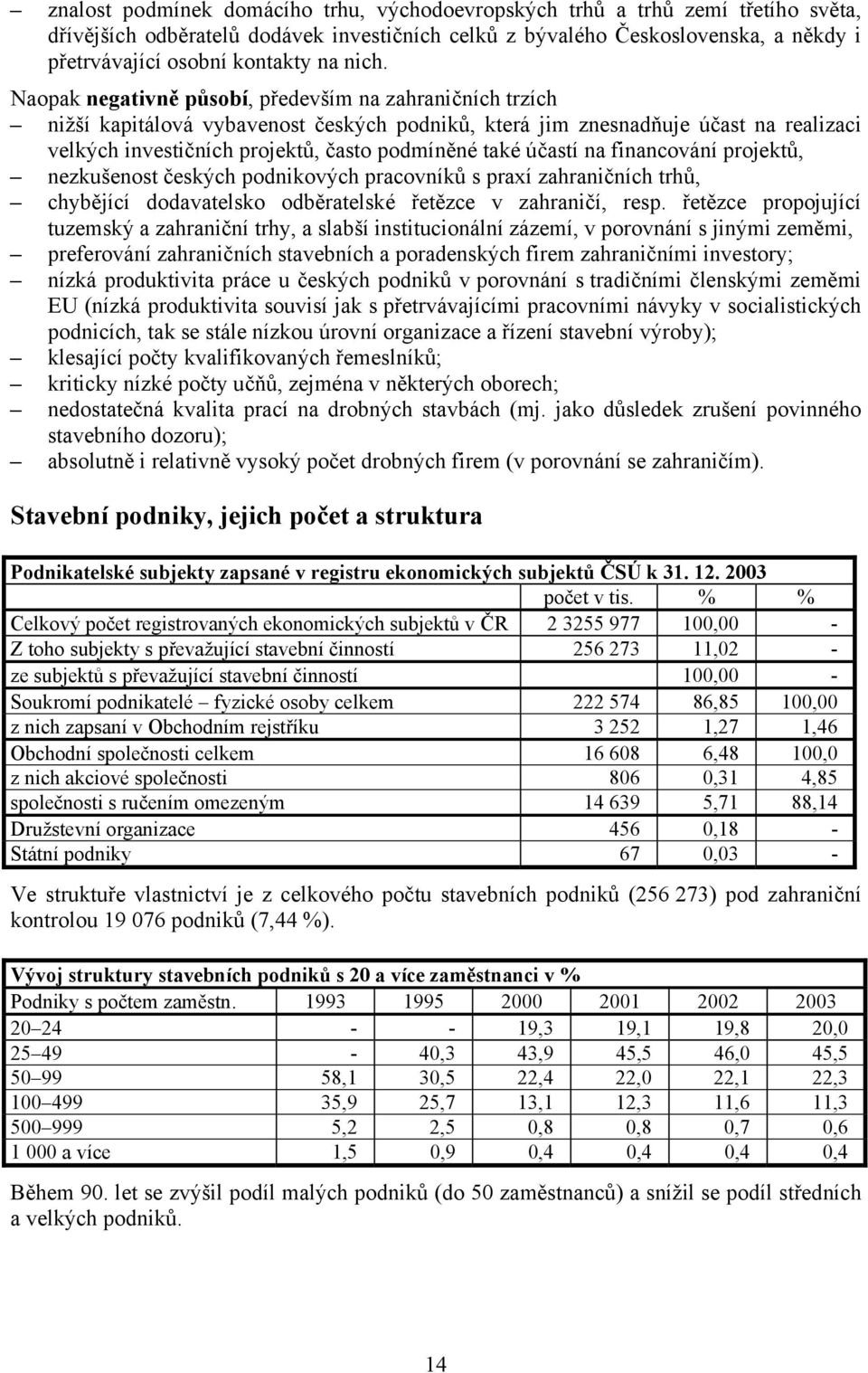 Naopak negativně působí, především na zahraničních trzích nižší kapitálová vybavenost českých podniků, která jim znesnadňuje účast na realizaci velkých investičních projektů, často podmíněné také