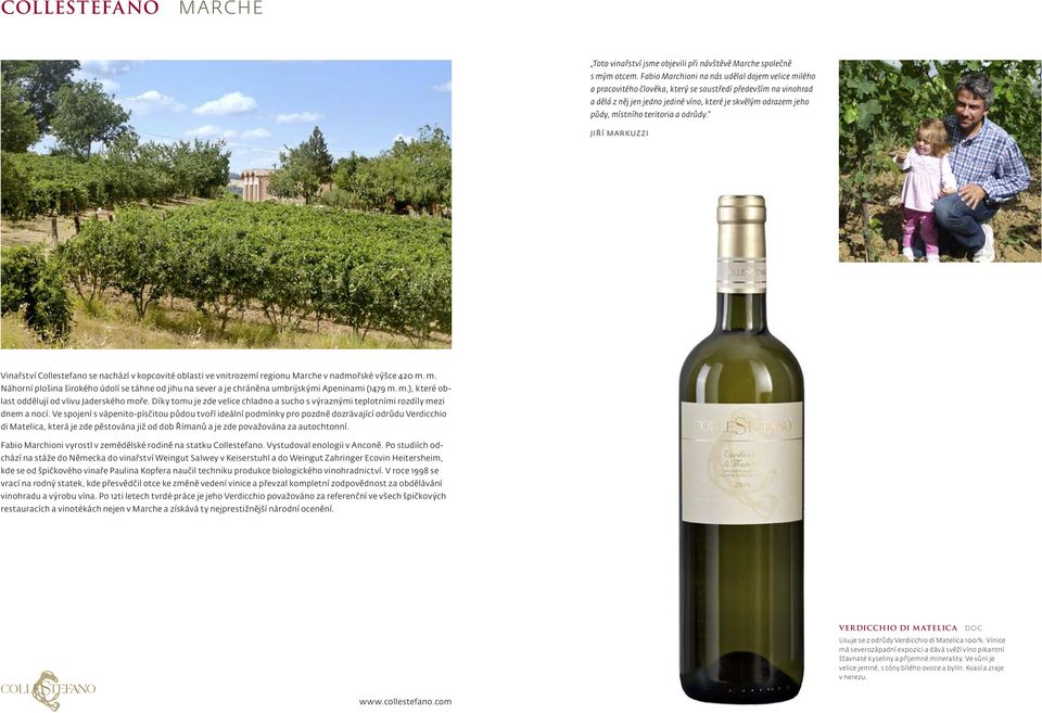 teritoria a odrůdy. Vinařství Collestefano se nachází v kopcovité oblasti ve vnitrozemí regionu Marche v nadmořské výšce 420 m.
