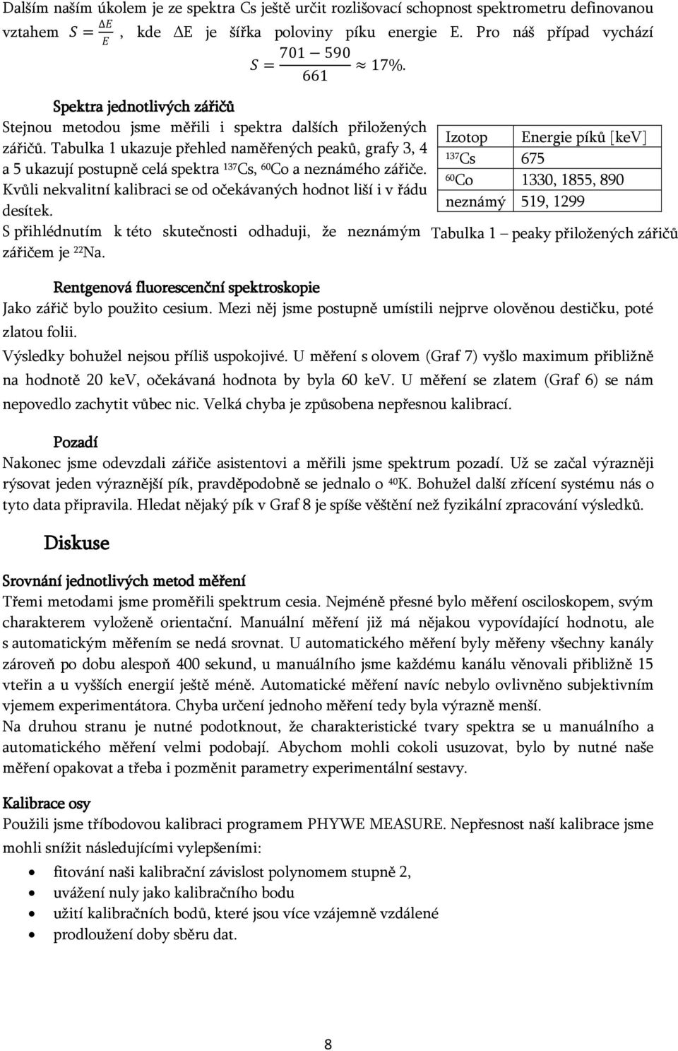 Tabulka 1 ukazuje přehled naměřených peaků, grafy 3, 4 a 5 ukazují postupně celá spektra 137 Cs, 60 Co a neznámého zářiče. Kvůli nekvalitní kalibraci se od očekávaných hodnot liší i v řádu desítek.