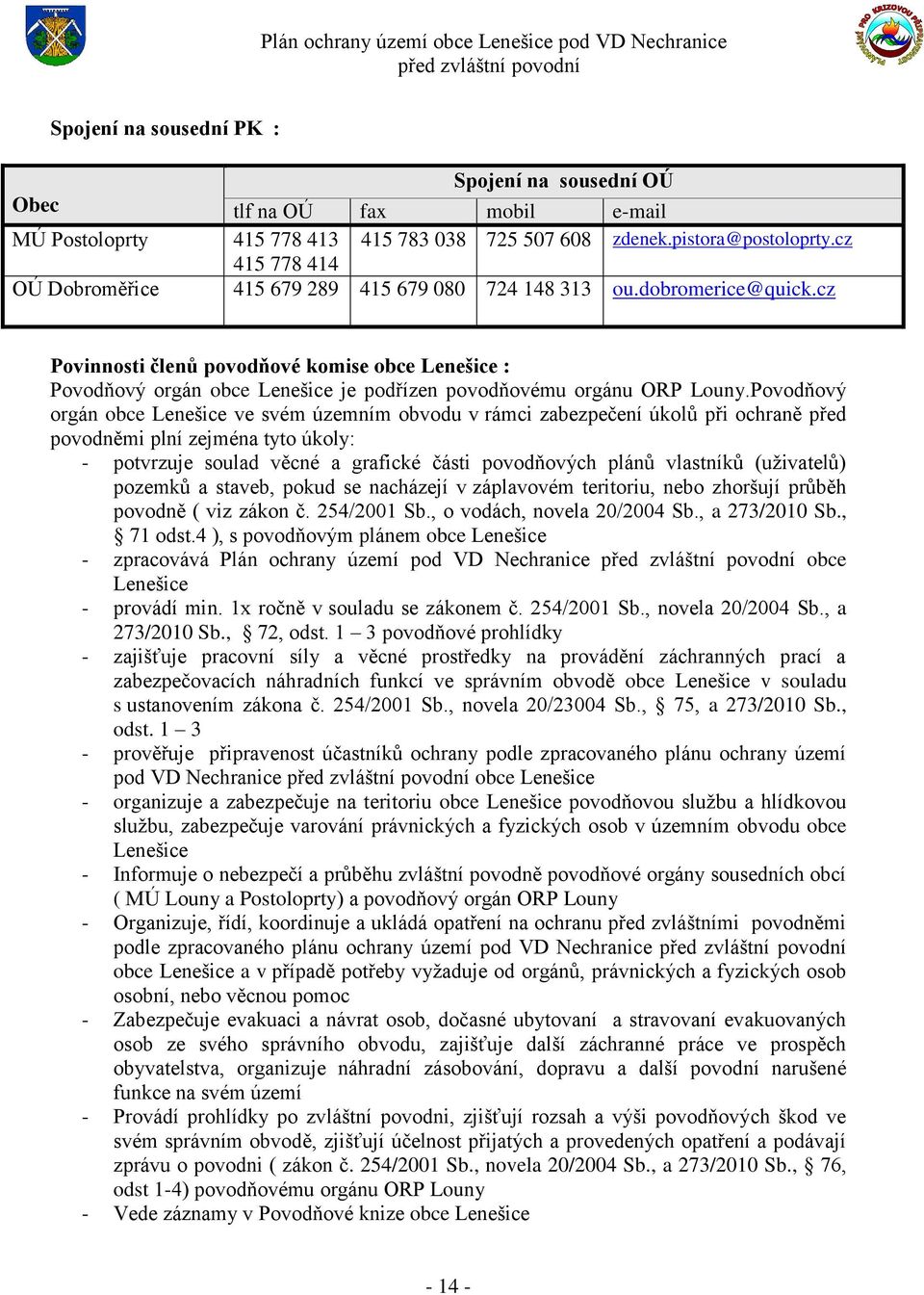 cz Povinnosti členů povodňové komise obce Lenešice : Povodňový orgán obce Lenešice je podřízen povodňovému orgánu ORP Louny.
