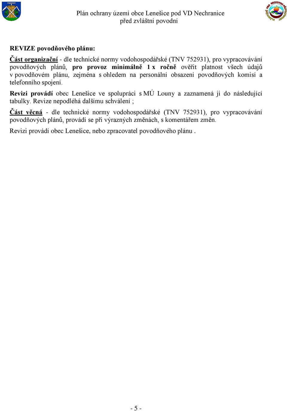 Revizi provádí obec Lenešice ve spolupráci s MÚ Louny a zaznamená ji do následující tabulky.