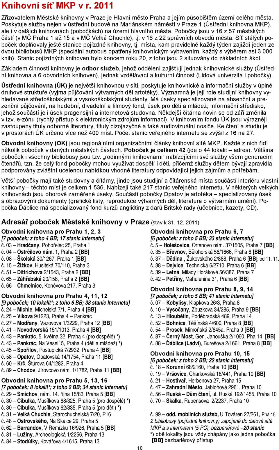 Pobočky jsou v 16 z 57 městských částí (v MČ Praha 1 až 15 a v MČ Velká Chuchle), tj. v 16 z 22 správních obvodů města. Síť stálých poboček doplňovaly ještě stanice pojízdné knihovny, tj.
