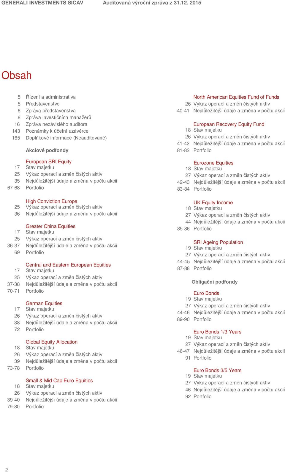 (Neauditované) Akciové podfondy European SRI Equity 17 Stav majetku 25 Výkaz operací a změn čistých aktiv 35 Nejdůležitější údaje a změna v počtu akcií 67-68 Portfolio High Conviction Europe 25 Výkaz