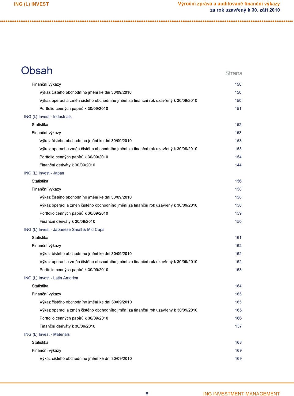 Výkaz operací a změn čistého obchodního jmění za finanční rok uzavřený k 30/09/2010 153 Portfolio cenných papírů k 30/09/2010 154 Finanční deriváty k 30/09/2010 144 ING (L) Invest Japan Statistika