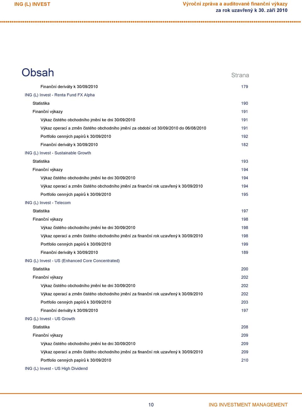 182 ING (L) Invest Sustainable Growth Statistika 193 Finanční výkazy 194 Výkaz čistého obchodního jmění ke dni 30/09/2010 194 Výkaz operací a změn čistého obchodního jmění za finanční rok uzavřený k