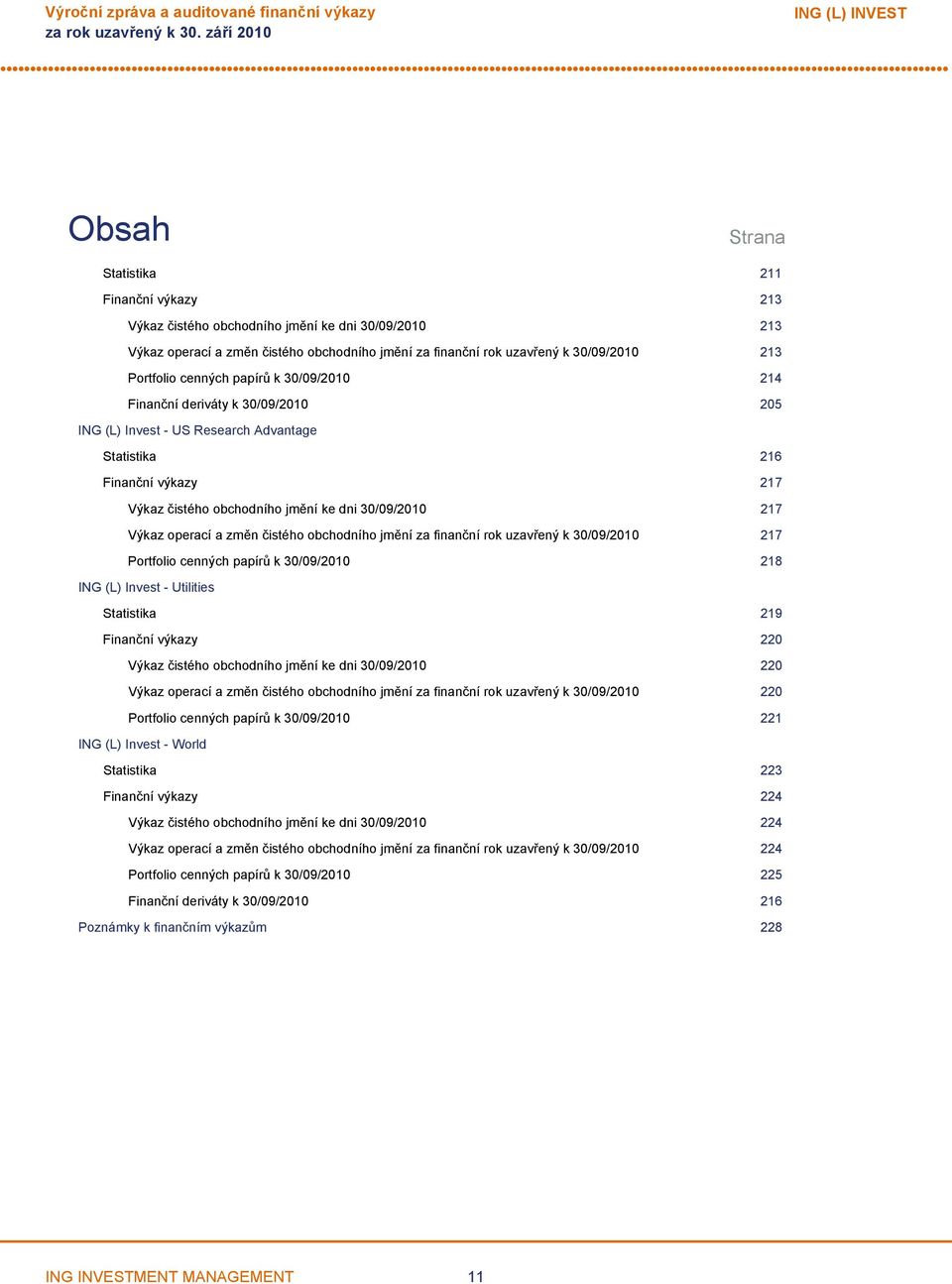 Výkaz čistého obchodního jmění ke dni 30/09/2010 217 Výkaz operací a změn čistého obchodního jmění za finanční rok uzavřený k 30/09/2010 217 Portfolio cenných papírů k 30/09/2010 218 ING (L) Invest