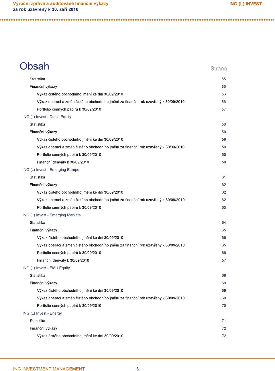 59 Výkaz operací a změn čistého obchodního jmění za finanční rok uzavřený k 30/09/2010 59 Portfolio cenných papírů k 30/09/2010 60 Finanční deriváty k 30/09/2010 50 ING (L) Invest Emerging Europe