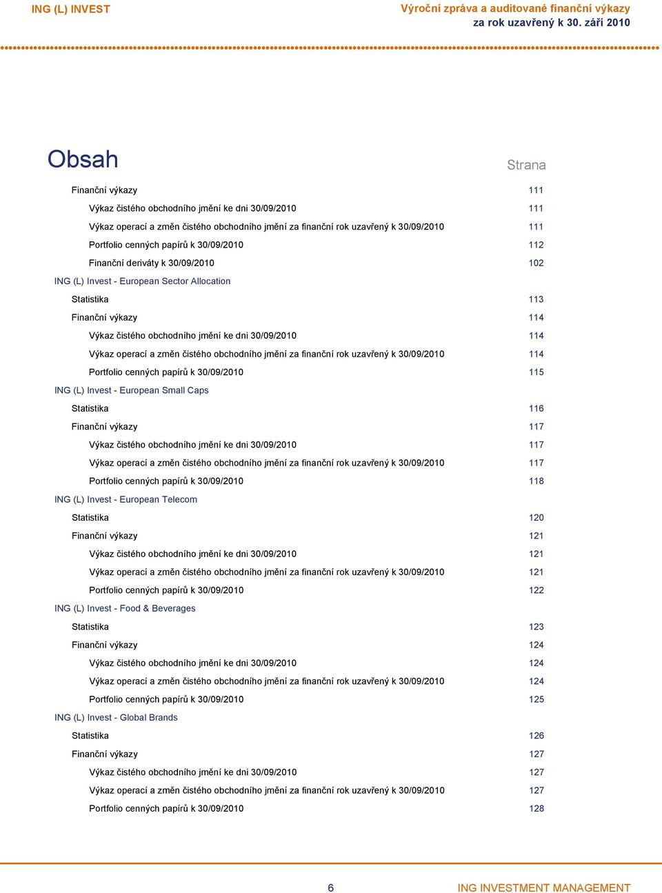 čistého obchodního jmění ke dni 30/09/2010 114 Výkaz operací a změn čistého obchodního jmění za finanční rok uzavřený k 30/09/2010 114 Portfolio cenných papírů k 30/09/2010 115 ING (L) Invest