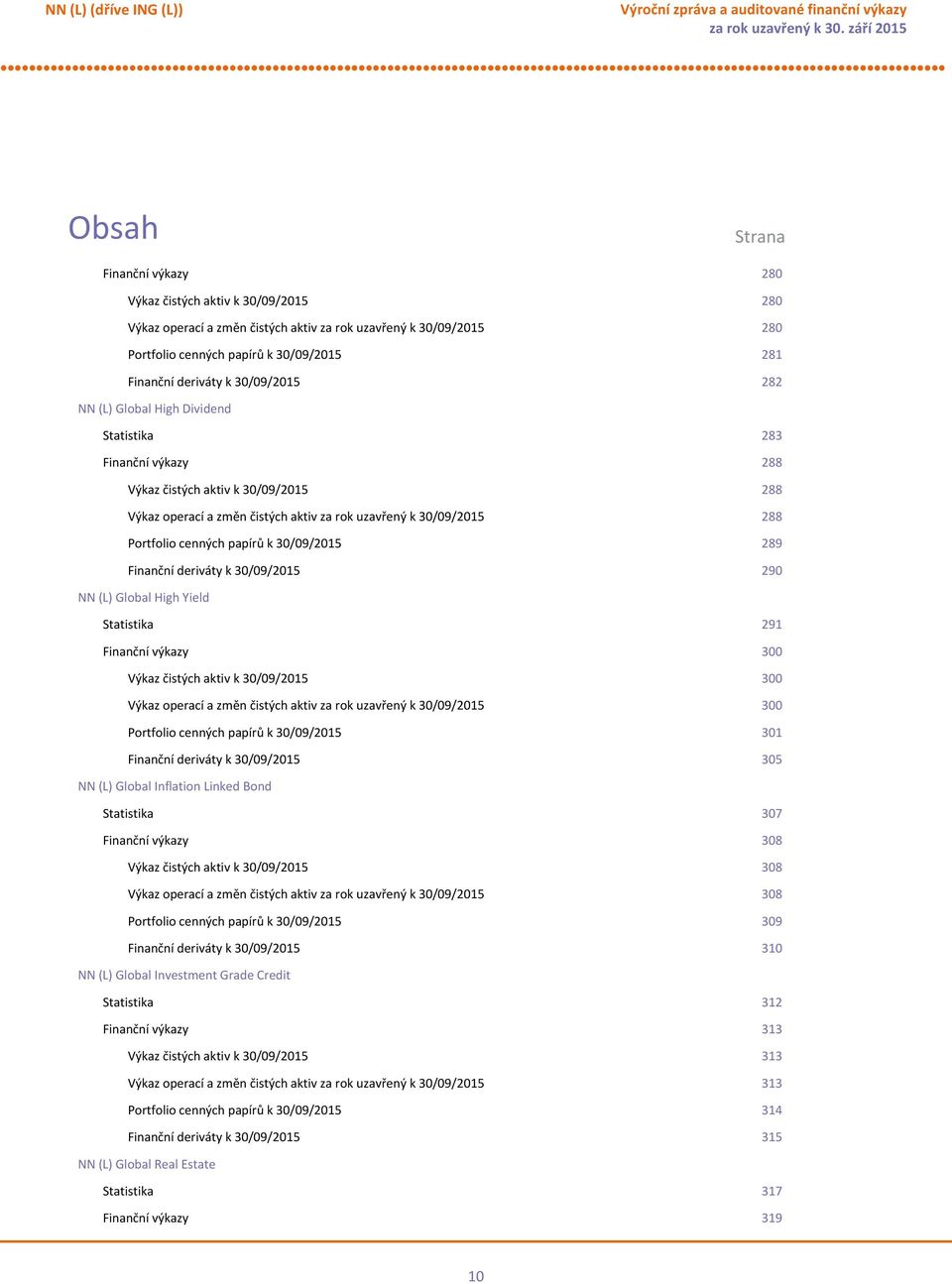 cenných papírů k 30/09/2015 289 Finanční deriváty k 30/09/2015 290 NN (L) Global High Yield Statistika 291 Finanční výkazy 300 Výkaz čistých aktiv k 30/09/2015 300 Výkaz operací a změn čistých aktiv