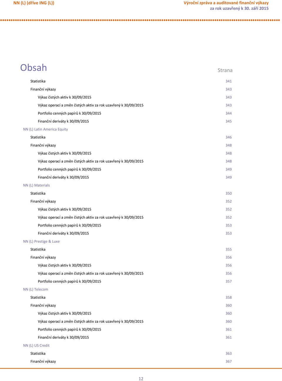 348 Portfolio cenných papírů k 30/09/2015 349 Finanční deriváty k 30/09/2015 349 NN (L) Materials Statistika 350 Finanční výkazy 352 Výkaz čistých aktiv k 30/09/2015 352 Výkaz operací a změn čistých