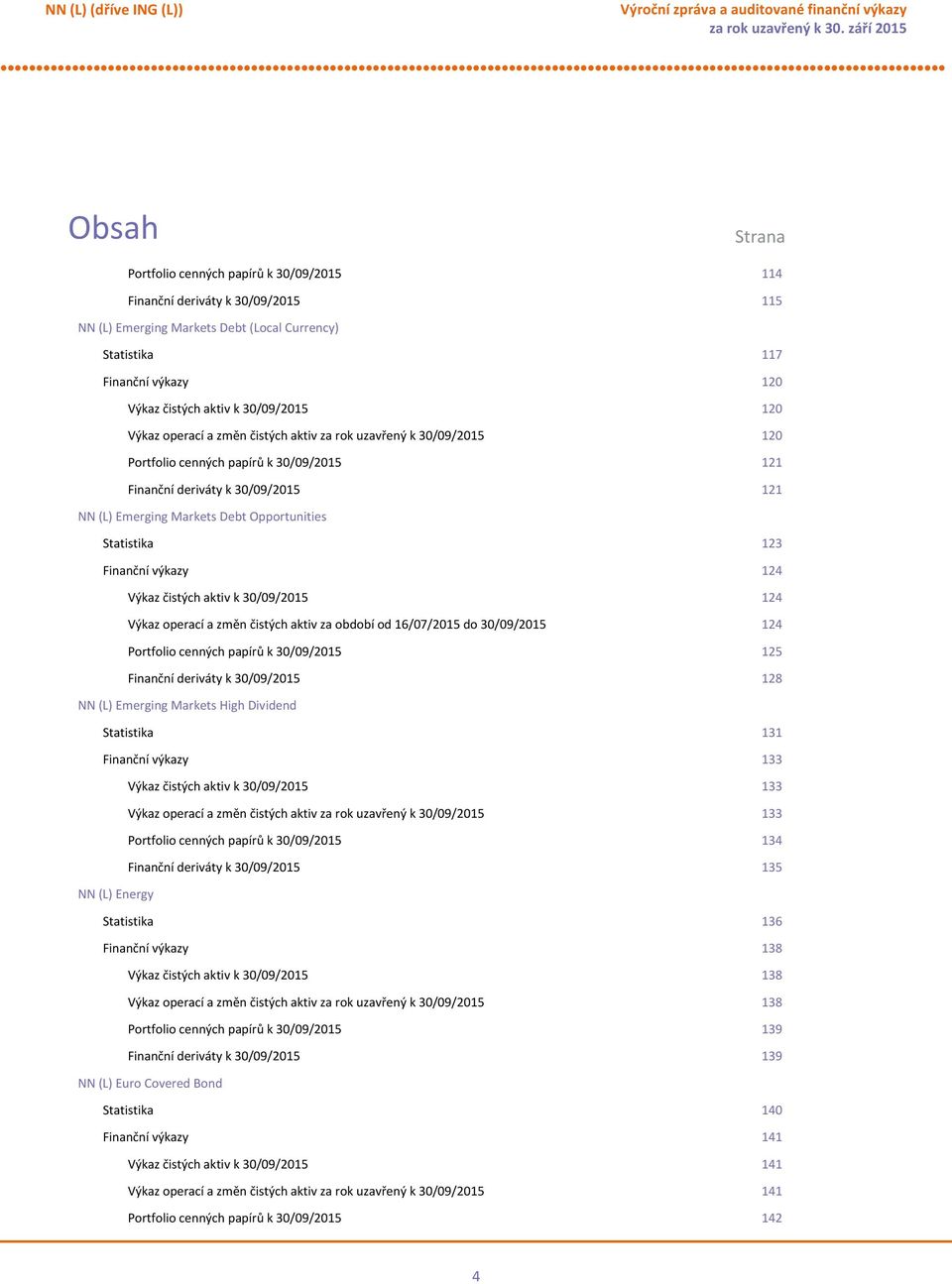 Opportunities Statistika 123 Finanční výkazy 124 Výkaz čistých aktiv k 30/09/2015 124 Výkaz operací a změn čistých aktiv za období od 16/07/2015 do 30/09/2015 124 Portfolio cenných papírů k