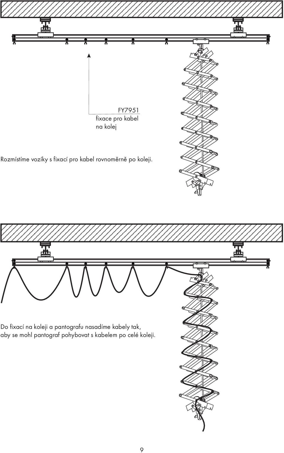 Do fixací na koleji a pantografu nasadíme kabely