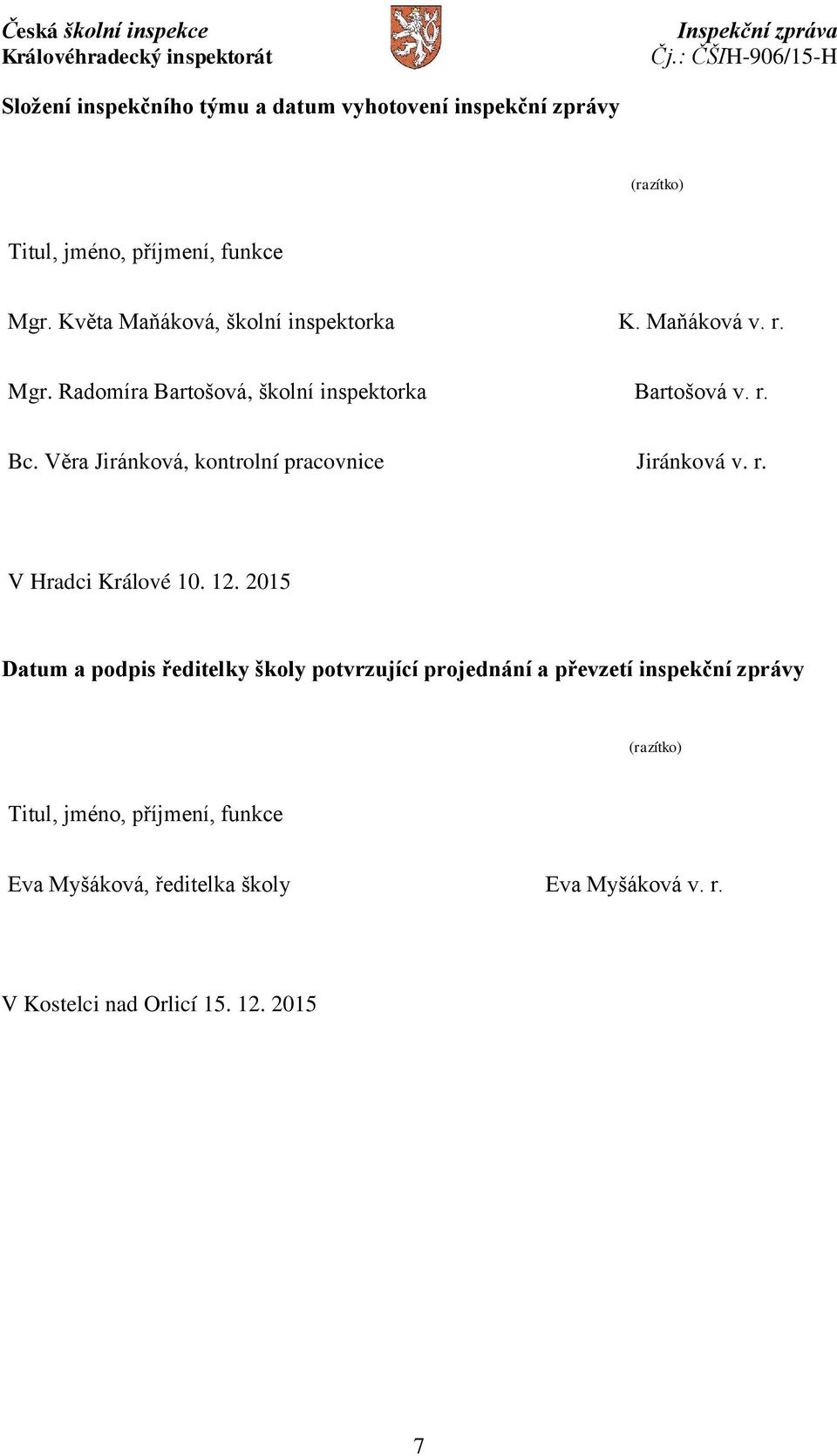 Věra Jiránková, kontrolní pracovnice Jiránková v. r. V Hradci Králové 10. 12.