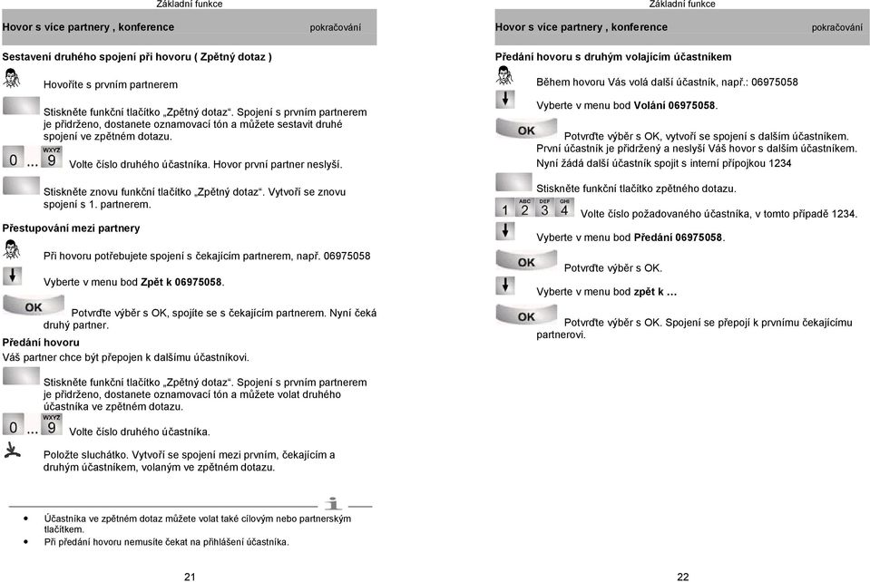 Spojení s prvním partnerem je přidrženo, dostanete oznamovací tón a můžete sestavit druhé spojení ve zpětném dotazu. Volte číslo druhého účastníka. Hovor první partner neslyší.