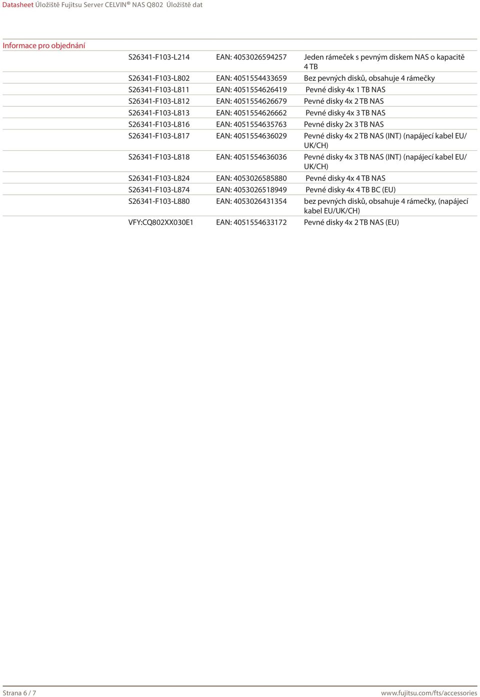 EAN: 4051554635763 Pevné disky 2x 3 TB NAS S26341-F103-L817 EAN: 4051554636029 Pevné disky 4x 2 TB NAS (INT) (napájecí kabel EU/ UK/CH) S26341-F103-L818 EAN: 4051554636036 Pevné disky 4x 3 TB NAS