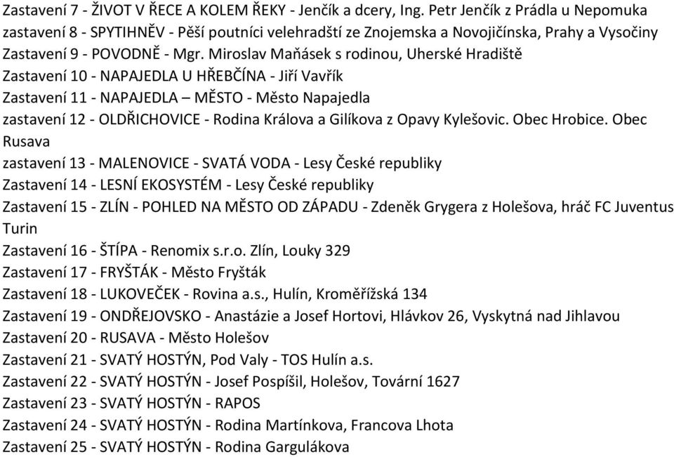 Miroslav Maňásek s rodinou, Uherské Hradiště Zastavení 10 - NAPAJEDLA U HŘEBČÍNA - Jiří Vavřík Zastavení 11 - NAPAJEDLA MĚSTO - Město Napajedla zastavení 12 - OLDŘICHOVICE - Rodina Králova a Gilíkova