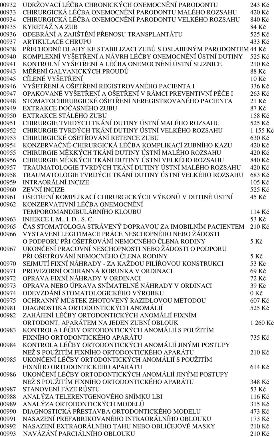 KOMPLEXNÍ VYŠETŘENÍ A NÁVRH LÉČBY ONEMOCNĚNÍ ÚSTNÍ DUTINY 525 Kč 00941 KONTROLNÍ VYŠETŘENÍ A LÉČBA ONEMOCNĚNÍ ÚSTNÍ SLIZNICE 210 Kč 00943 MĚŘENÍ GALVANICKÝCH PROUDŮ 88 Kč 00945 CÍLENÉ VYŠETŘENÍ 10 Kč