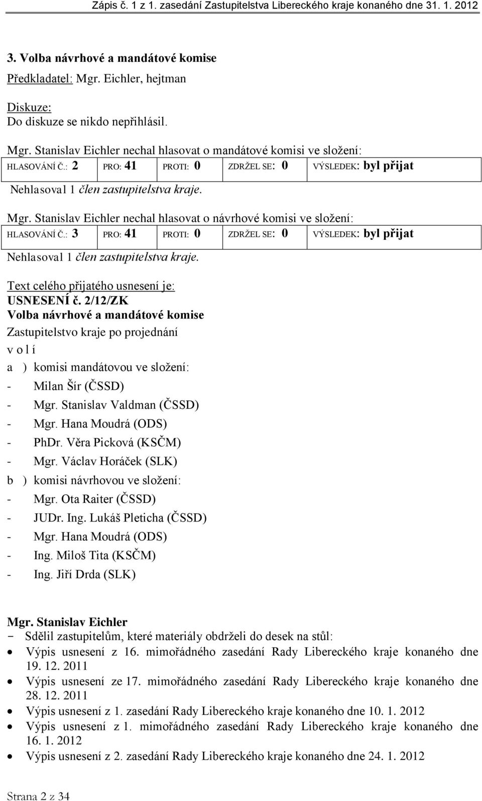 : 3 PRO: 41 PROTI: 0 ZDRŽEL SE: 0 VÝSLEDEK: byl přijat Nehlasoval 1 člen zastupitelstva kraje. Text celého přijatého usnesení je: USNESENÍ č.