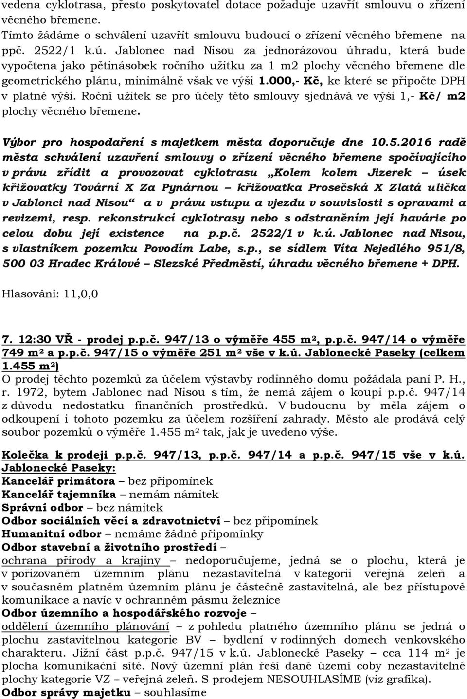 000,- Kč, ke které se připočte DPH v platné výši. Roční užitek se pro účely této smlouvy sjednává ve výši 1,- Kč/ m2 plochy věcného břemene. Výbor pro hospodaření s majetkem města doporučuje dne 10.5.