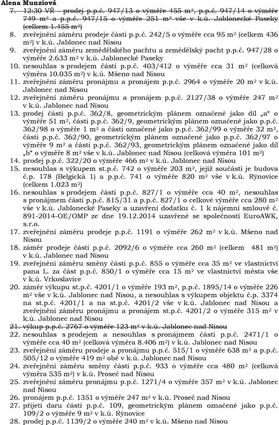 633 m 2 v k.ú. Jablonecké Paseky 10. nesouhlas s prodejem částí p.p.č. 403/412 o výměře cca 31 m 2 (celková výměra 10.035 m 2 ) v k.ú. Mšeno nad Nisou 11. zveřejnění záměru pronájmu a pronájem p.p.č. 2964 o výměře 20 m 2 v k.