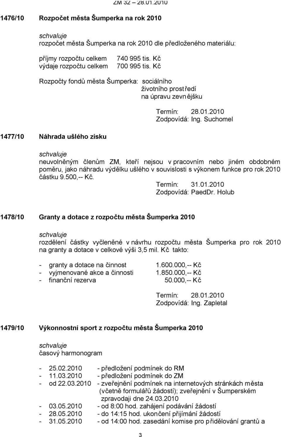 náhradu výdělku ušlého v souvislosti s výkonem funkce pro rok 2010 částku 9.500,-- Kč. Termín: 31.01.2010 Zodpovídá: PaedDr.