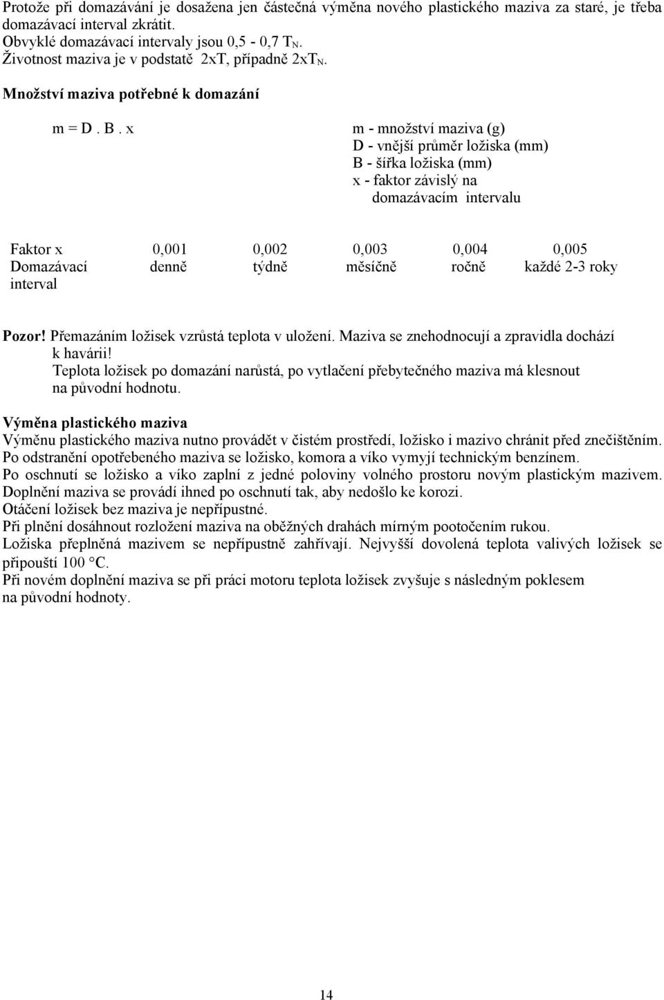 x m - množství maziva (g) D - vnější průměr ložiska (mm) B - šířka ložiska (mm) x - faktor závislý na domazávacím intervalu Faktor x 0,001 0,002 0,003 0,004 0,005 Domazávací denně týdně měsíčně ročně