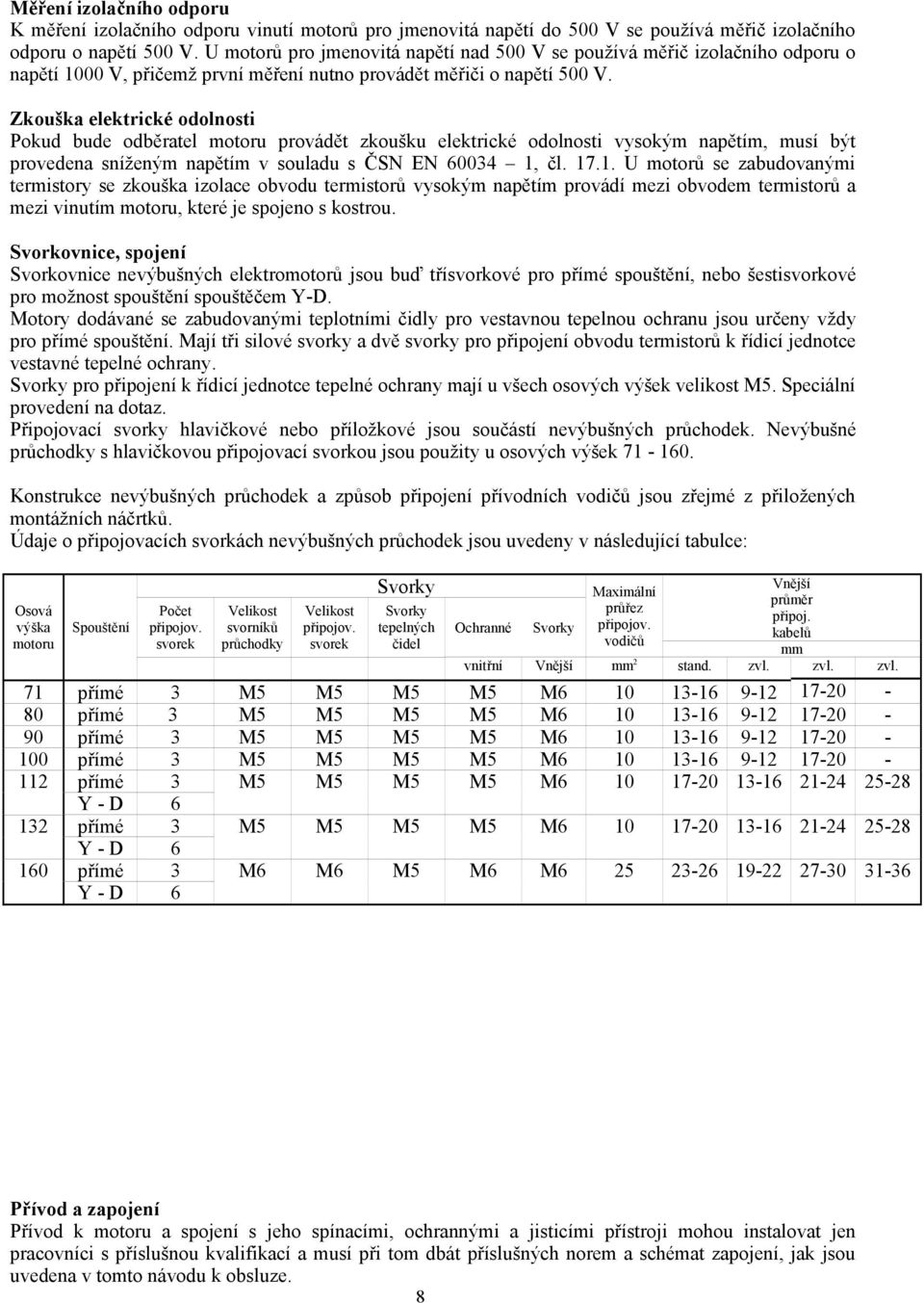 Zkouška elektrické odolnosti Pokud bude odběratel motoru provádět zkoušku elektrické odolnosti vysokým napětím, musí být provedena sníženým napětímvsouladusčsn EN 60034 1,