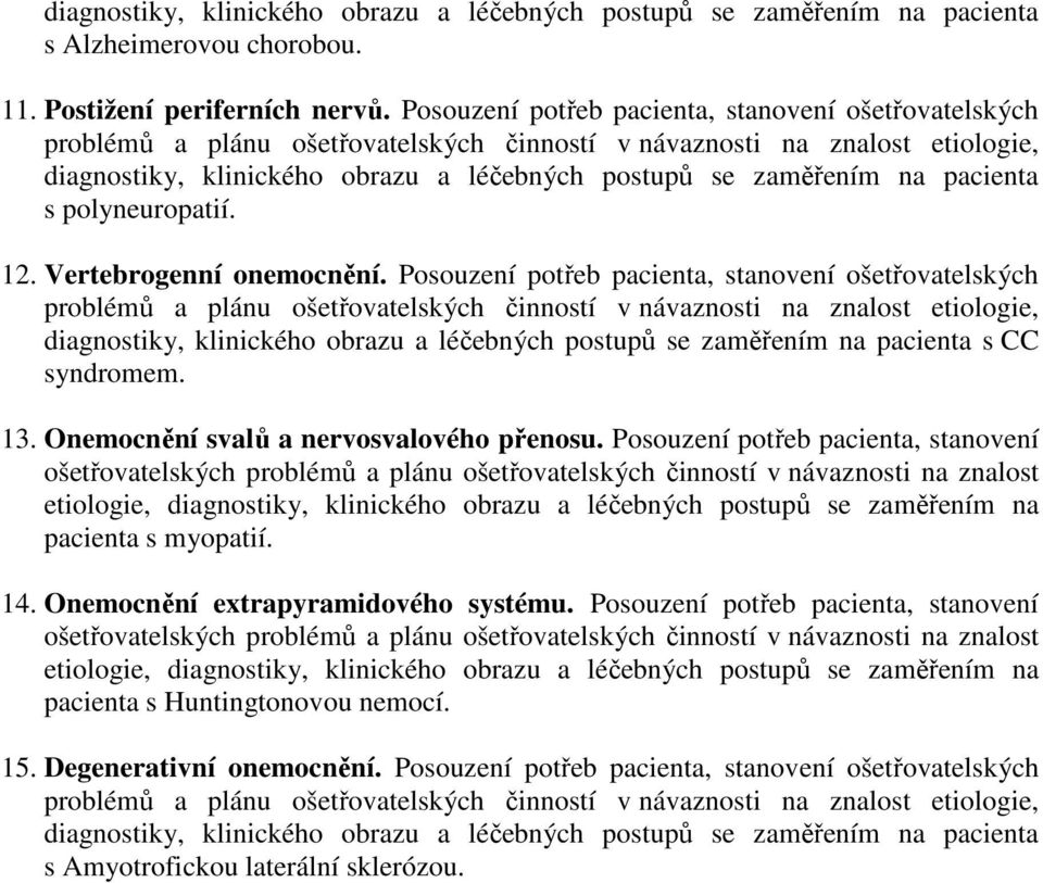 Posouzení potřeb pacienta, stanovení pacienta s myopatií. 14. Onemocnění extrapyramidového systému.