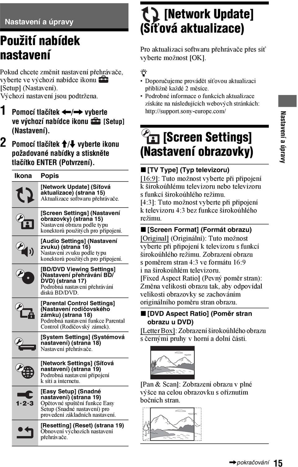 Ikona Popis [Network Update] (Síťová aktualizace) (strana 15) Aktualizace softwaru přehrávače.