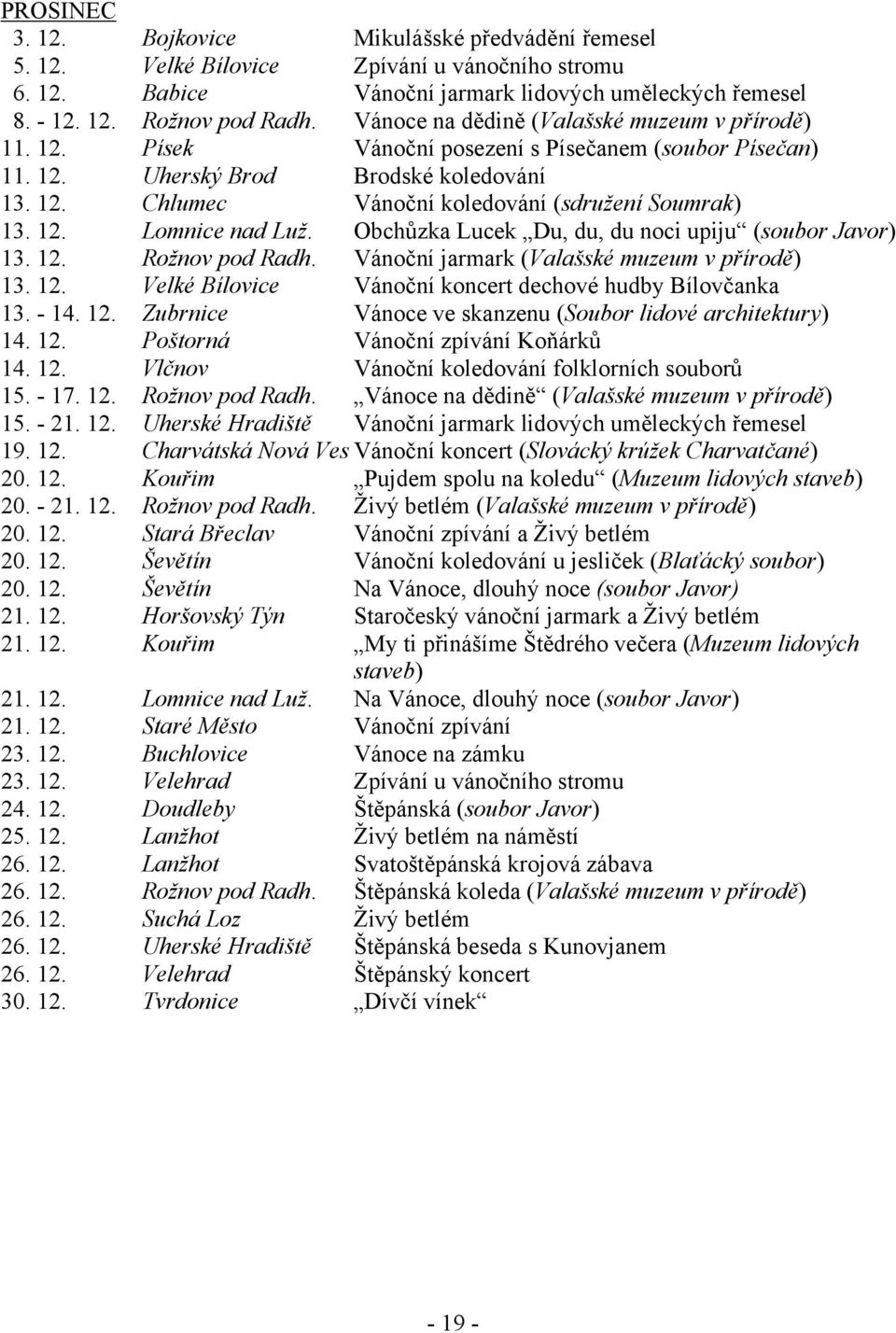 12. Lomnice nad Luž. Obchůzka Lucek Du, du, du noci upiju (soubor Javor) 13. 12. Rožnov pod Radh. Vánoční jarmark (Valašské muzeum v přírodě) 13. 12. Velké Bílovice Vánoční koncert dechové hudby Bílovčanka 13.