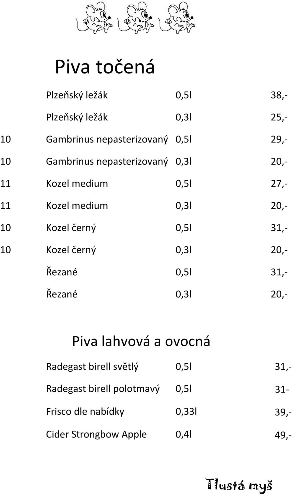 0,5l 31,- 10 Kozel černý 0,3l 20,- Řezané 0,5l 31,- Řezané 0,3l 20,- Piva lahvová a ovocná Radegast birell