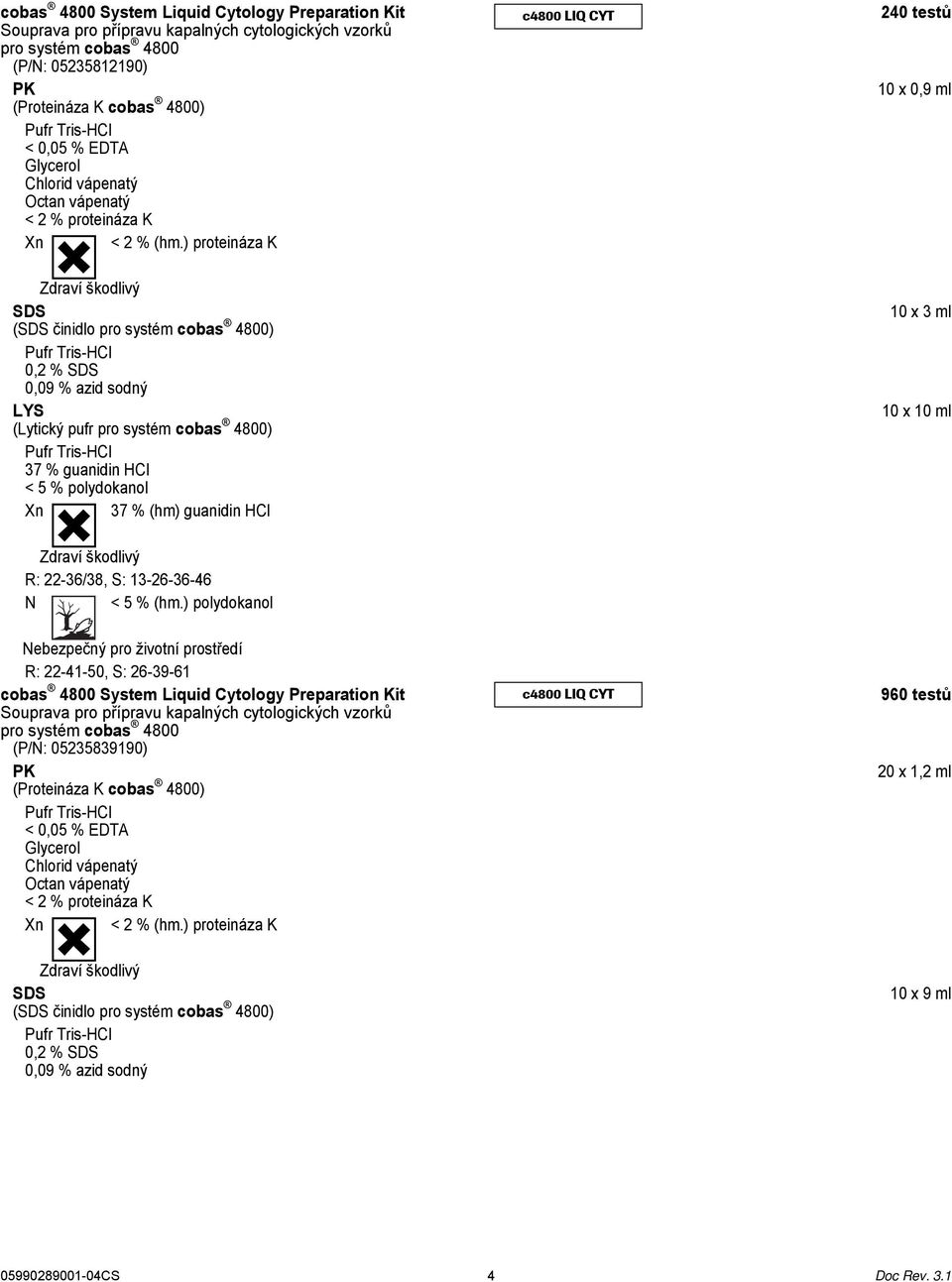 ) proteináza K c4800 LIQ CYT 240 testů 10 x 0,9 ml Zdraví škodlivý SDS (SDS činidlo pro systém cobas 4800) Pufr Tris-HCl 0,2 % SDS 0,09 % azid sodný LYS (Lytický pufr pro systém cobas 4800) Pufr