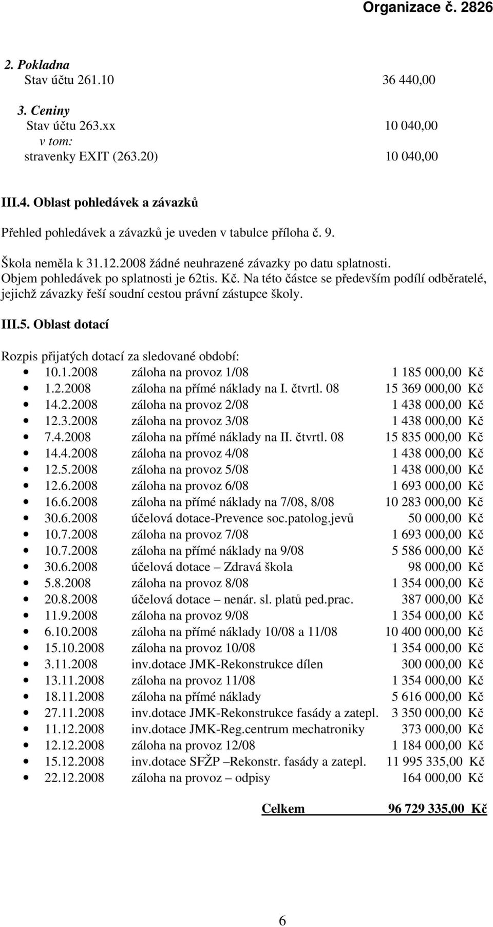 Na této částce se především podílí odběratelé, jejichž závazky řeší soudní cestou právní zástupce školy. III.5. Oblast dotací Rozpis přijatých dotací za sledované období: 10