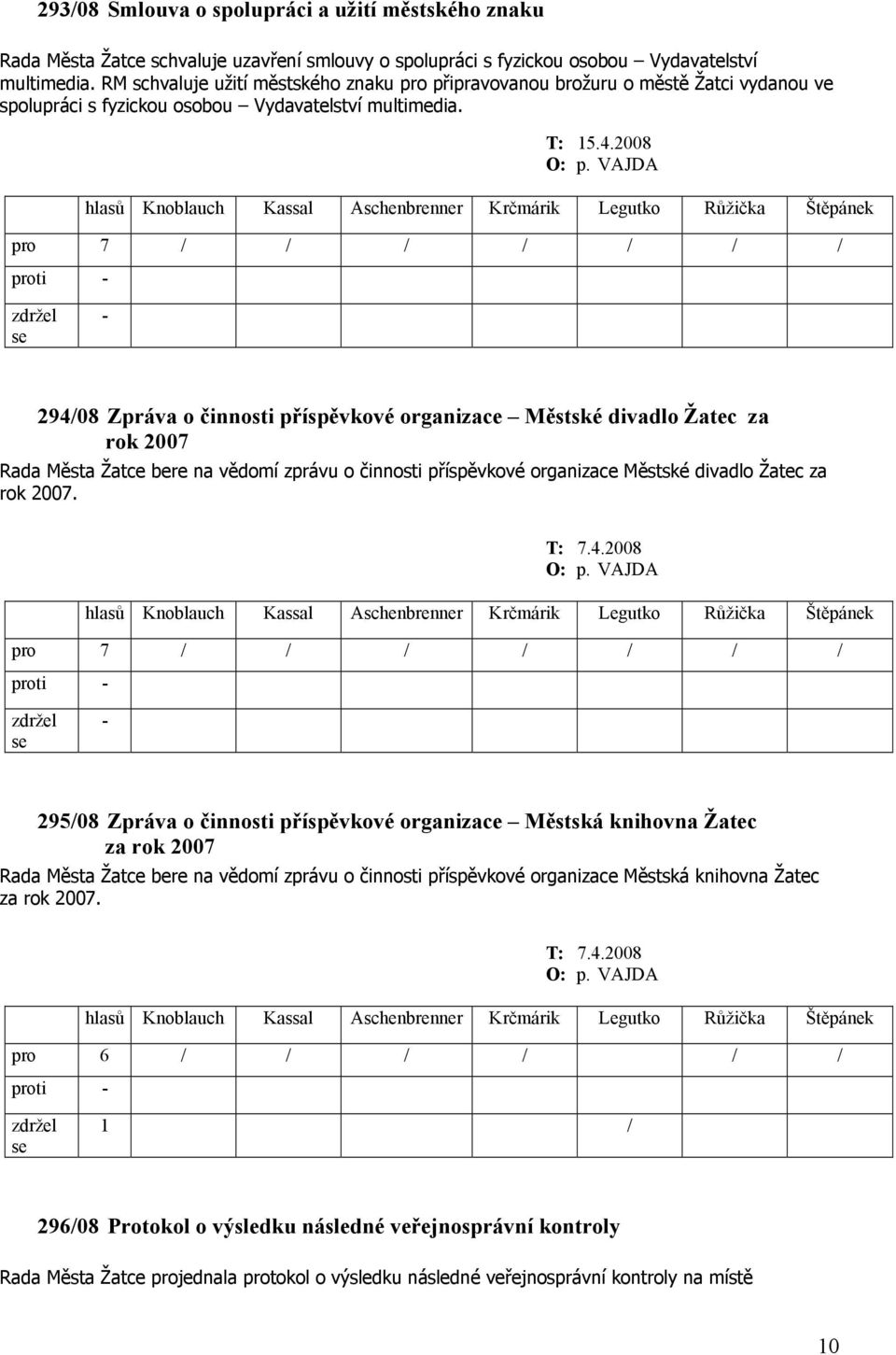 VAJDA proti 294/08 Zpráva o činnosti příspěvkové organizace Městské divadlo Žatec za rok 2007 Rada Města Žatce bere na vědomí zprávu o činnosti příspěvkové organizace Městské divadlo Žatec za rok