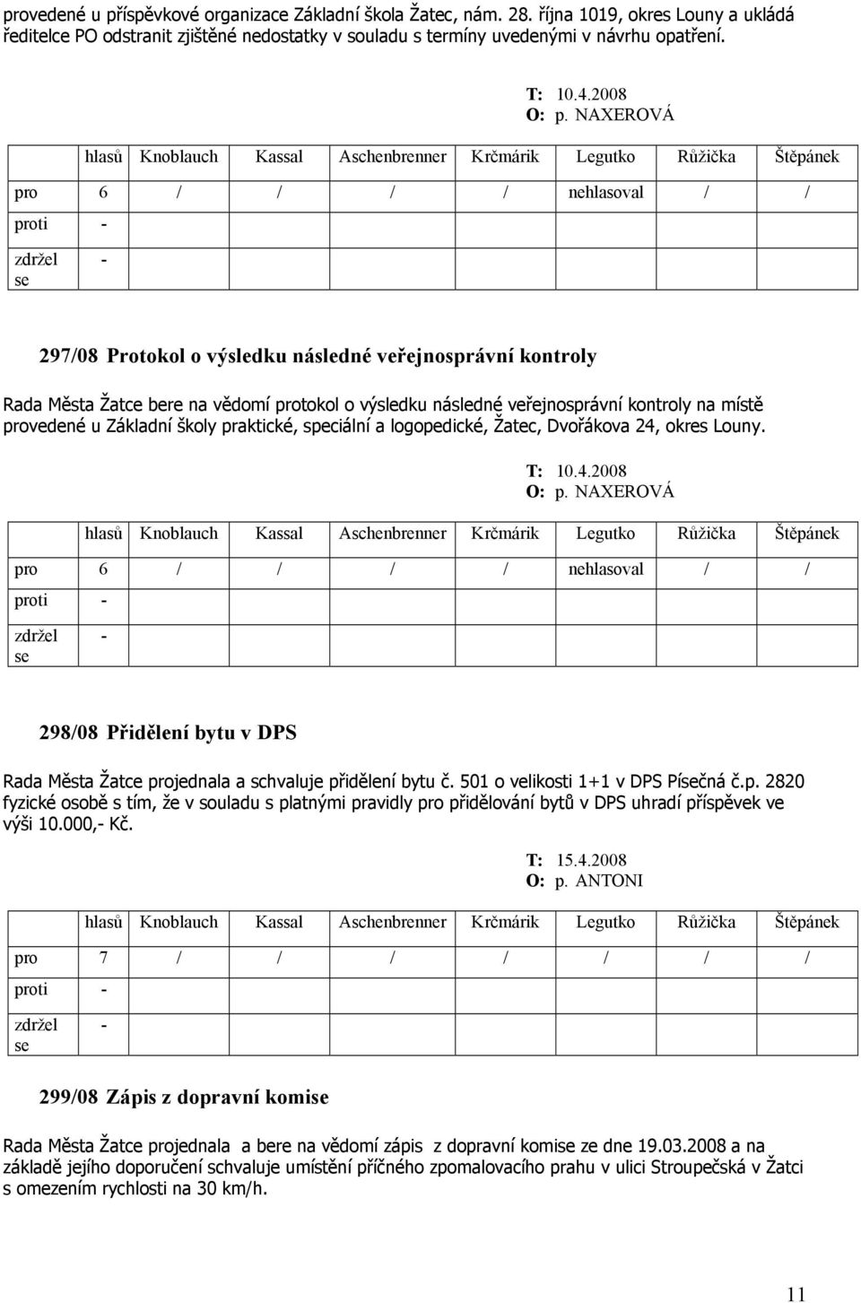 NAXEROVÁ pro 6 / / / / nehlasoval / / proti 297/08 Protokol o výsledku následné veřejnosprávní kontroly Rada Města Žatce bere na vědomí protokol o výsledku následné veřejnosprávní kontroly na místě