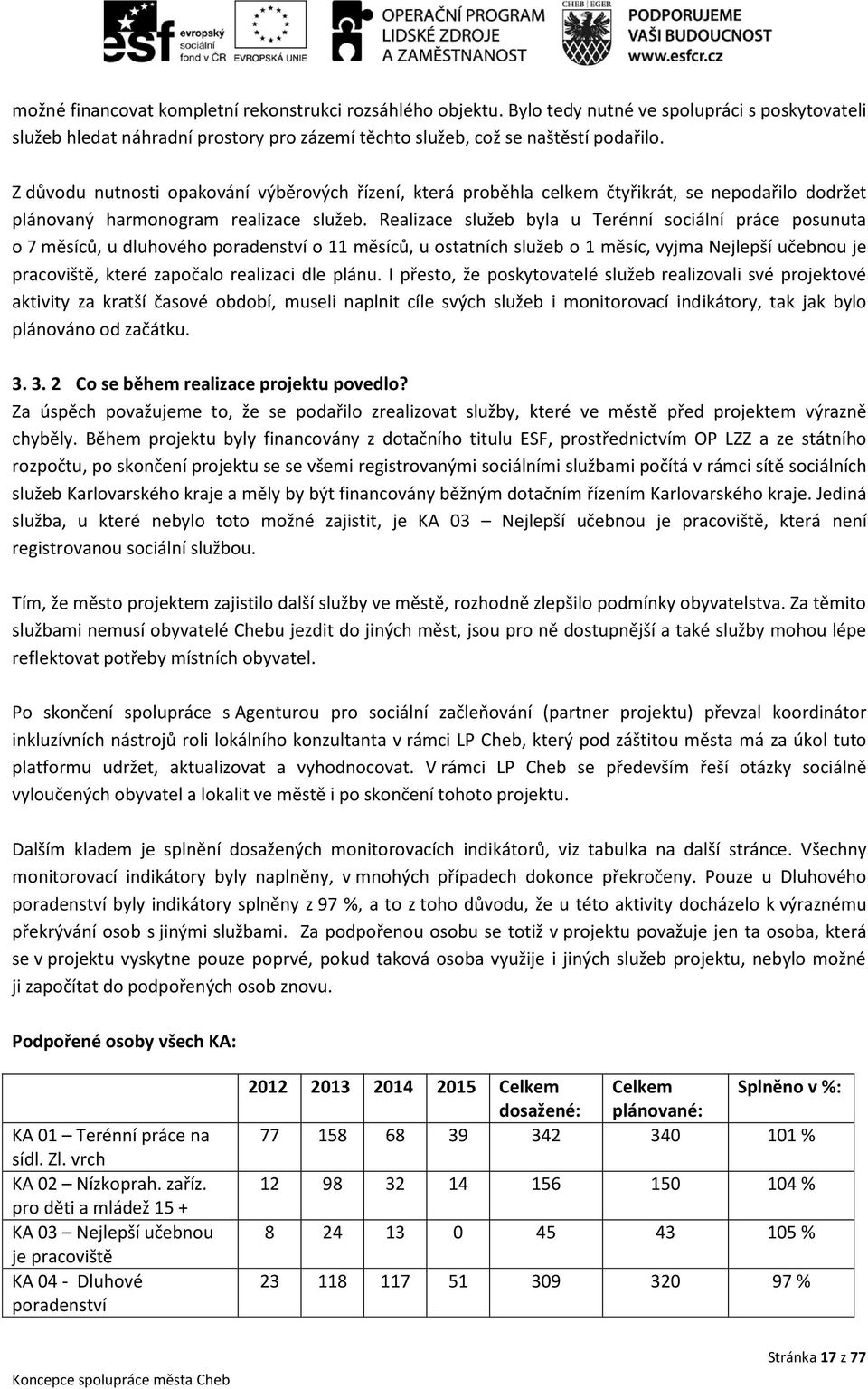 Realizace služeb byla u Terénní sociální práce posunuta o 7 měsíců, u dluhového poradenství o 11 měsíců, u ostatních služeb o 1 měsíc, vyjma Nejlepší učebnou je pracoviště, které započalo realizaci