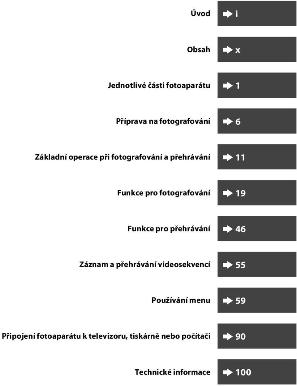 Funkce pro přehrávání 46 Záznam a přehrávání videosekvencí 55 Používání menu 59