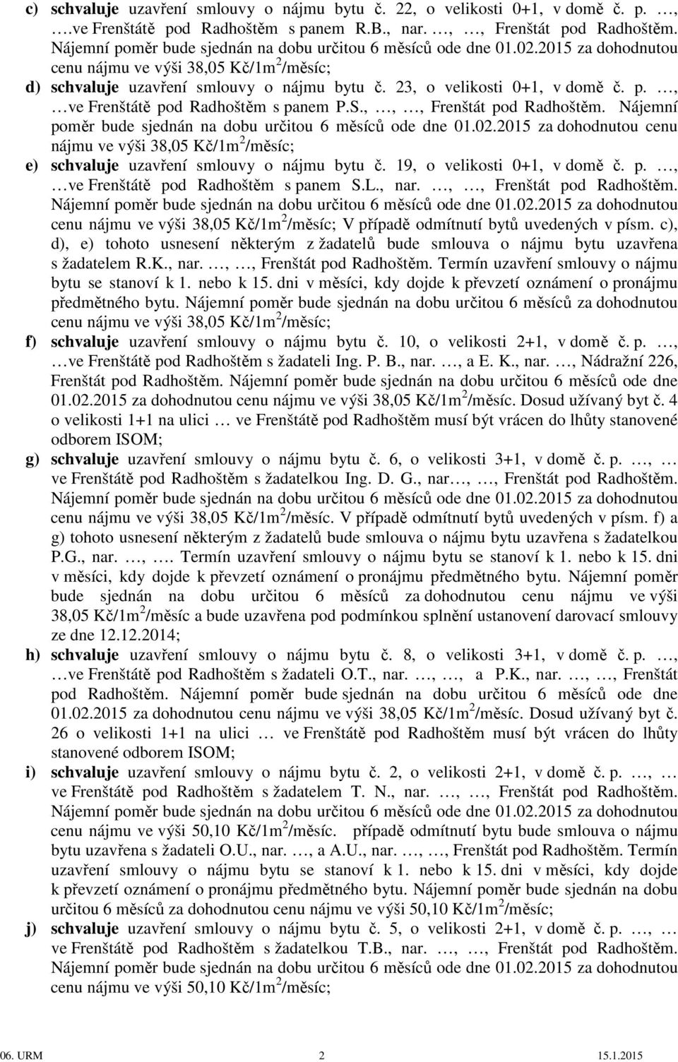 Nájemní poměr bude sjednán na dobu určitou 6 měsíců ode dne 01.02.2015 za dohodnutou cenu nájmu ve výši 38,05 Kč/1m 2 /měsíc; e) schvaluje uzavření smlouvy o nájmu bytu č.