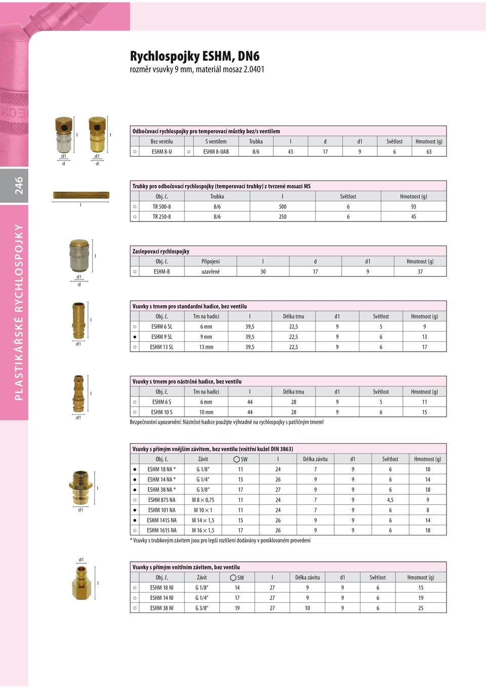 trubky) z tvrzené mosazi MS Obj. č. Trubka Světost Hmotnost (g) TR 500-8 8/6 500 6 93 TR 250-8 8/6 250 6 45 PLASTIKÁŘSKÉ RYCHLOSPOJKY Zasepovací rychospojky Obj. č. Připojení Hmotnost (g) ESHM-B uzavřené 30 17 9 37 Vsuvky s trnem pro stanarní haice, bez ventiu Obj.