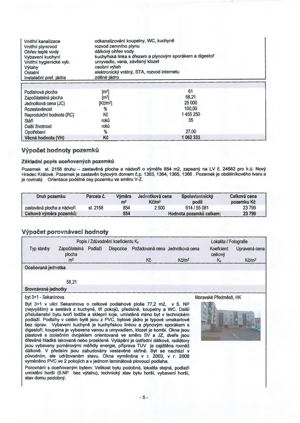 vrátný, STA, rozvod internetu zděné jádro Podlahová plocha Započitatelná plocha Jednotková cena (JC) Rozestavěnost Reprodukční hodnota (RC) Stáří Další životnost Opotřebení Věcná hodnota (VH) [m2]