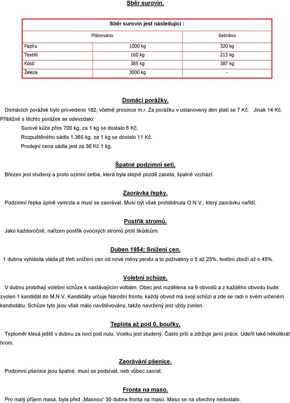 Přibližně s těchto porážek se odevzdalo: Surové kůže přes 700 kg, za 1 kg se dostalo 6 Kč. Rozpuštěného sádla 1.365 kg, za 1 kg se dostalo 11 Kč. Prodejní cena sádla jest za 36 Kč 1 kg.