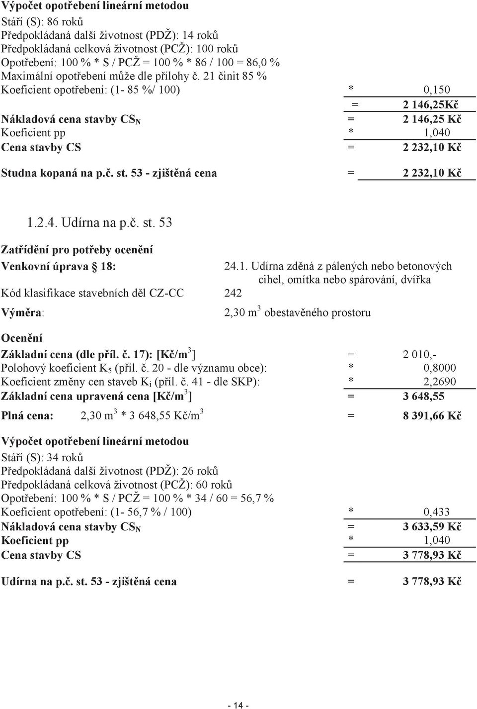 21 činit 85 % Koeficient opotřebení: (1-85 %/ 100) * 0,150 = 2 146,25Kč Nákladová cena stavby CS N = 2 146,25 Kč Koeficient pp * 1,040 Cena stavby CS = 2 232,10 Kč Studna kopaná na p.č. st. 53 - zjištěná cena = 2 232,10 Kč 1.