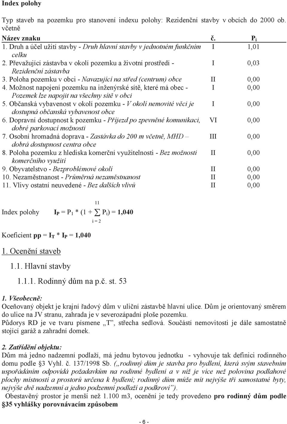 Poloha pozemku v obci - Navazující na střed (centrum) obce II 0,00 4. Možnost napojení pozemku na inženýrské sítě, které má obec - I 0,00 Pozemek lze napojit na všechny sítě v obci 5.