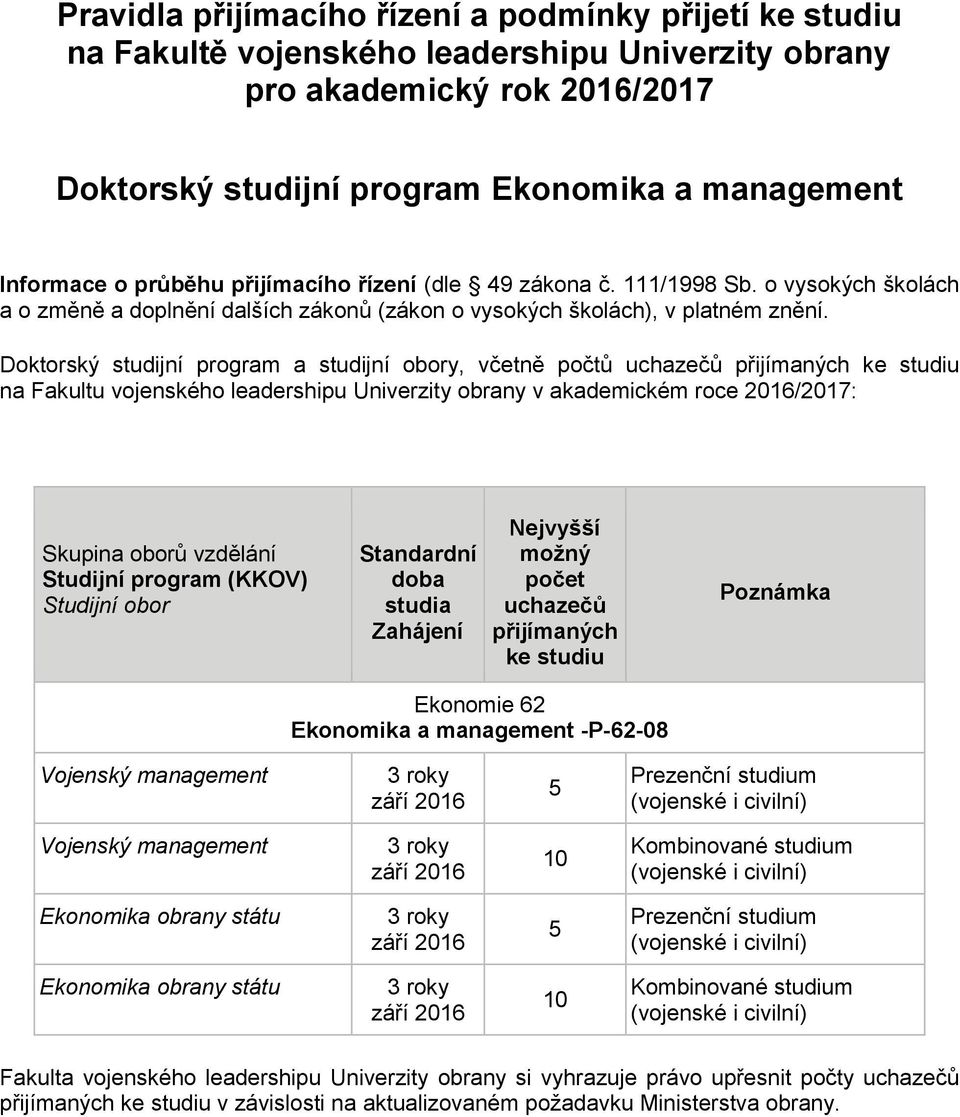 Doktorský studijní program a studijní obory, včetně počtů uchazečů přijímaných ke studiu na Fakultu vojenského leadershipu Univerzity obrany v akademickém roce 2016/2017: Skupina oborů vzdělání