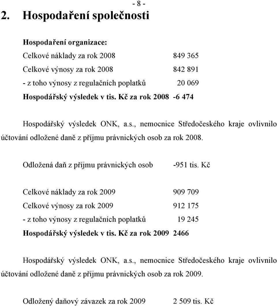 tis. Kč za rok 2008-6 474 Hospodářský výsledek ONK, a.s., nemocnice Středočeského kraje ovlivnilo účtování odložené daně z příjmu právnických osob za rok 2008.