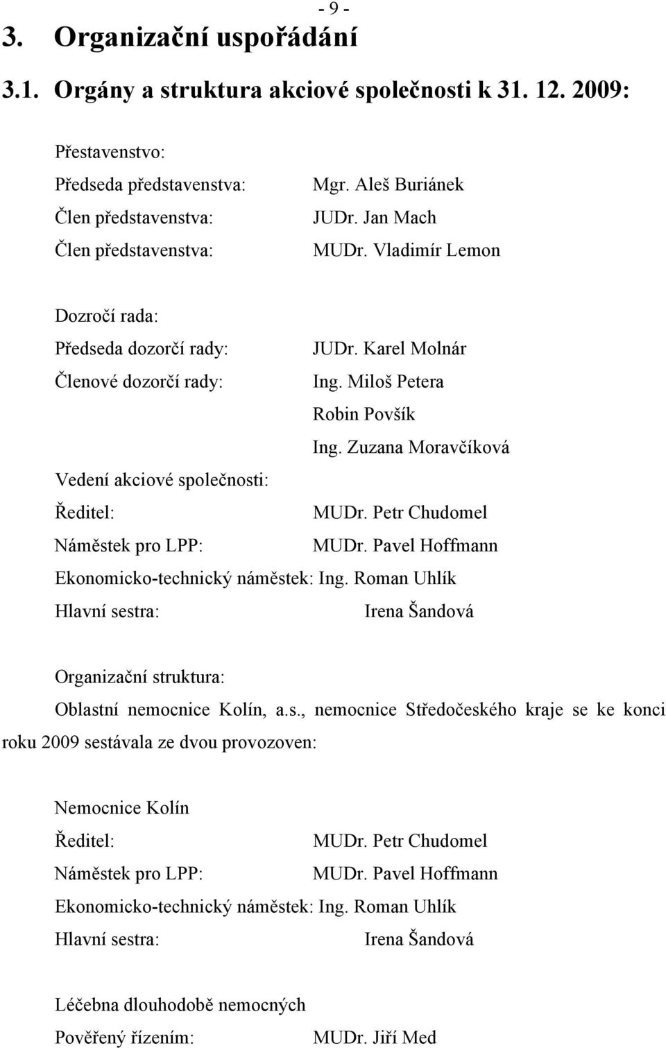 Zuzana Moravčíková Vedení akciové společnosti: Ředitel: MUDr. Petr Chudomel Náměstek pro LPP: MUDr. Pavel Hoffmann Ekonomicko-technický náměstek: Ing.