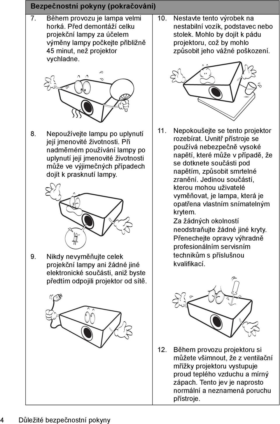 Nepoužívejte lampu po uplynutí její jmenovité životnosti. Při nadměrném používání lampy po uplynutí její jmenovité životnosti může ve výjimečných případech dojít k prasknutí lampy. 9.