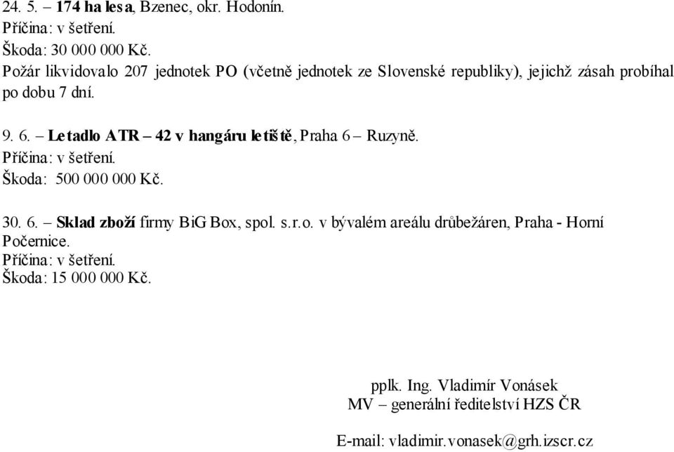 Letadlo ATR 42 v hangáru letiště, Praha 6 Ruzyně. Škoda: 500 000 000 Kč. 30. 6. Sklad zboží firmy BiG Box, spol. s.r.o. v bývalém areálu drůbežáren, Praha - Horní Počernice.