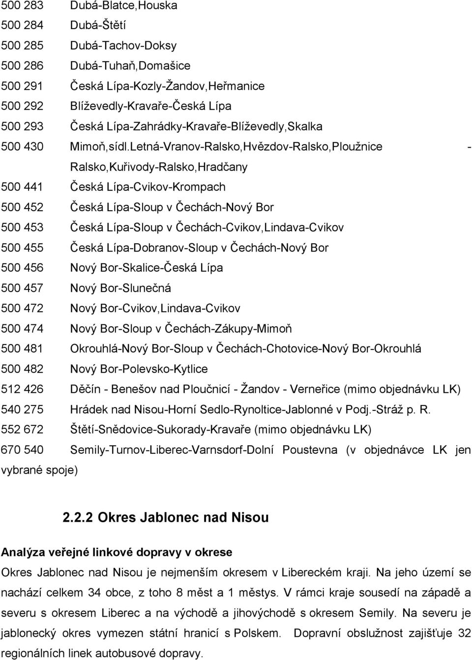 Letná-Vranov-Ralsko,Hvězdov-Ralsko,Ploužnice - Ralsko,Kuřivody-Ralsko,Hradčany 500 441 Česká Lípa-Cvikov-Krompach 500 452 Česká Lípa-Sloup v Čechách-Nový Bor 500 453 Česká Lípa-Sloup v